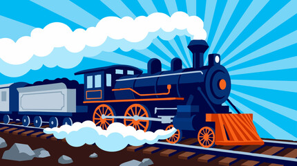 Stylized steam locomotive illustration with smoke and sunburst sky © Creative Layer