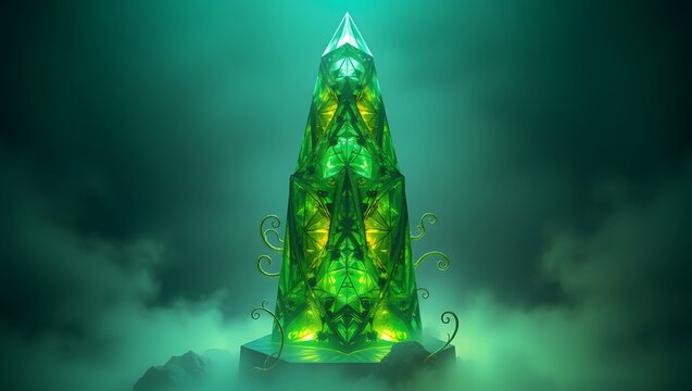 A mystical green crystal tower glowing brightly in the fog