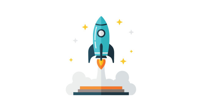 Rocket ship illustration with flame exhaust flat vector graphic
