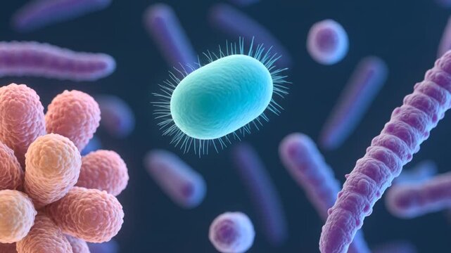Bacteria, microbe and germs for medical research, disease prevention and scientific study. Microscopic virus, infection and pathogens with biology, healthcare, cellular anatomy and microbiology lab