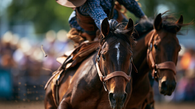 Closeup bareback bronc rider leaning backward while horse bucks aggressively in rodeo arena, western sport, athletic performance, dangerous competition, dynamic action, outdoor