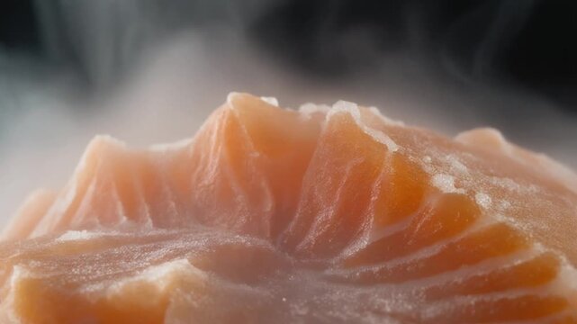 Detailed macro view of a fresh, raw salmon fillet, displaying its vibrant orange hue and delicate texture, conveying premium quality for healthy culinary preparation