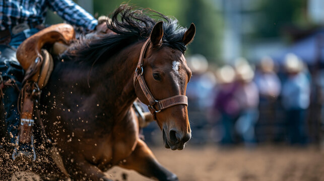 Closeup bareback bronc rider leaning backward while horse bucks aggressively in rodeo arena, western sport, athletic performance, dangerous competition, dynamic action, outdoor