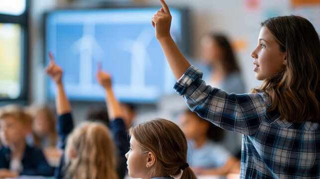 Environmental science lesson primary school children raising hands, female teacher calling boy and girl to board for presenting homework on renewable energy in front of class,