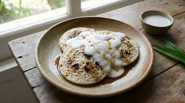 Authentic Indonesian Serabi pancakes, a traditional delight served with creamy coconut milk and rich palm sugar syrup topping
