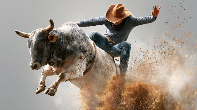 Cowboy falls off bucking bull isolated background, western rodeo sport, athletic performance, dramatic moment, dangerous activity, action shot, outdoor competition, with copy space