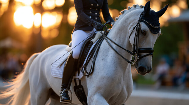 Faceless equestrian rider in black leather boots and white breeches training dressage on horseback at sunset, professional riding, golden hour, athletic performance, outdoor