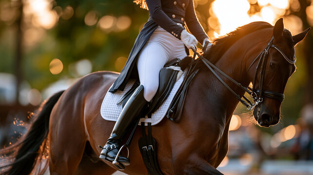 Faceless equestrian rider in black leather boots and white breeches training dressage on horseback at sunset, professional riding, golden hour, athletic performance, outdoor
