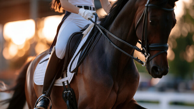 Faceless equestrian rider in black leather boots and white breeches training dressage on horseback at sunset, professional riding, golden hour, athletic performance, outdoor