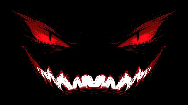 Brush drawn scary monster face with glowing red evil eyes and sharp jagged teeth on solid pure black background for creepy halloween design