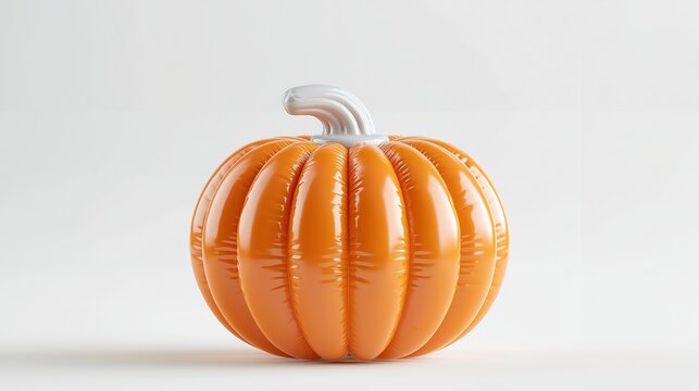 Shiny inflated 3d orange pumpkin with smooth white stem on plain light gray background for minimalist modern halloween decoration