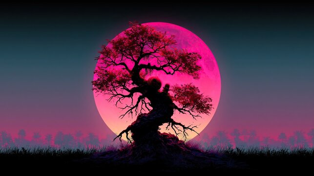 Spooky halloween landscape with gnarled dead tree silhouette against giant glowing pink full moon over dark grassy field at night