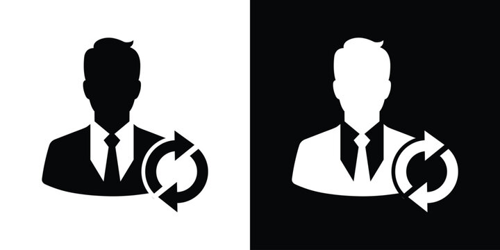 Male executive user avatar with a circular rotation arrow symbol. Black and white vector vector graphic for business shift, replacement, rotation, continuous update, and workforce workflow.