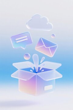 Dreamy glossy 3d composition of open translucent box with email envelope chat bubble and cloud floating on soft gradient light blue background