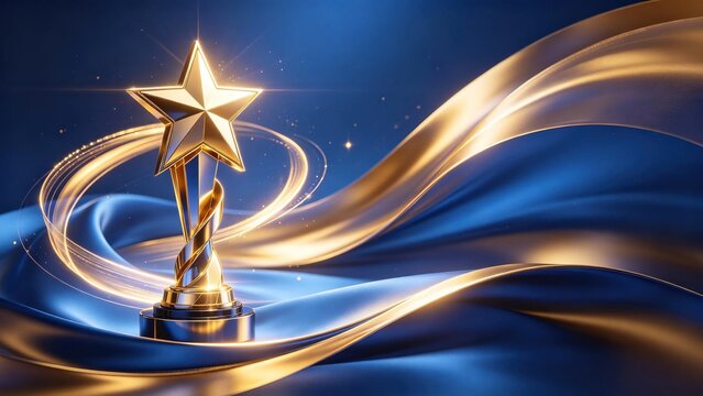 Luxurious polished golden five-point star trophy with twisted stem surrounded by glowing golden circular trail on flowing blue silk background for victory concept