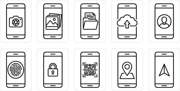 Set of smartphone icons, phone camera, image gallery, folder files, cloud upload, user profile.