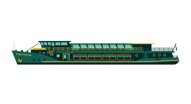Modern green river passenger ferry boat with open deck seating.