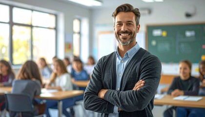 Fototapeta premium Young Male Teacher Arms Crossed Smiling in Classroom Generative AI