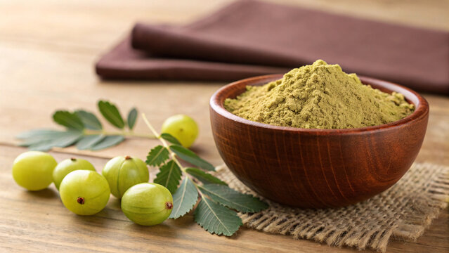 Amla Powder in Wooden Bowl with Fresh Indian Gooseberries &ndash; Ayurvedic Superfood and Herbal Wellness Concept