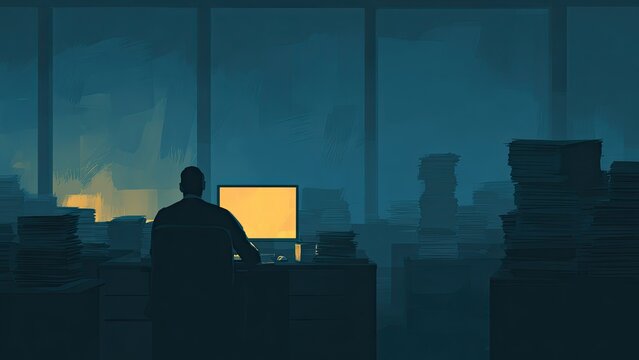 夜のオフィスで孤独に働く会社員 残業イメージ 背景素材
