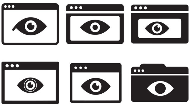 Dark browser and app window icons featuring eye symbols for privacy, surveillance, visibility, security, and web interface concepts
