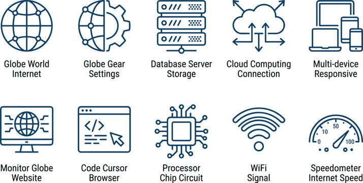 Set of technology icons with globe, database, cloud, computer, and speed indicators.