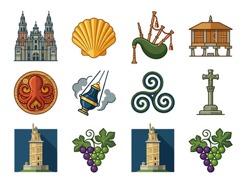 Galicia Spain Cultural Icons Set - Santiago de Compostela, Camino de Santiago, Tower of Hercules, Traditional Symbols