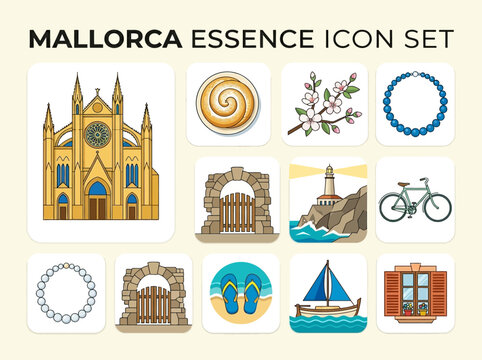Mallorca Essence Icon Set: Mediterranean Travel Symbols Featuring Palma Cathedral, Ensaimada, Almond Blossoms, and Traditional Island Life Elements