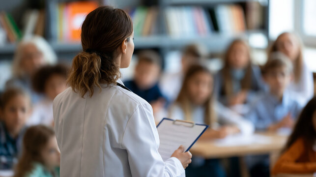 Faceless female doctor in white coat visiting classroom giving lecture to curious primary school students about health and hygiene, young kids sitting listening to healthcare