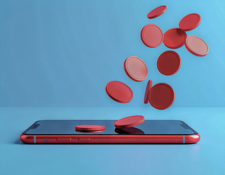 Recurring Payment Loss Concept with Smartphone and Red Coins on Blue Background
