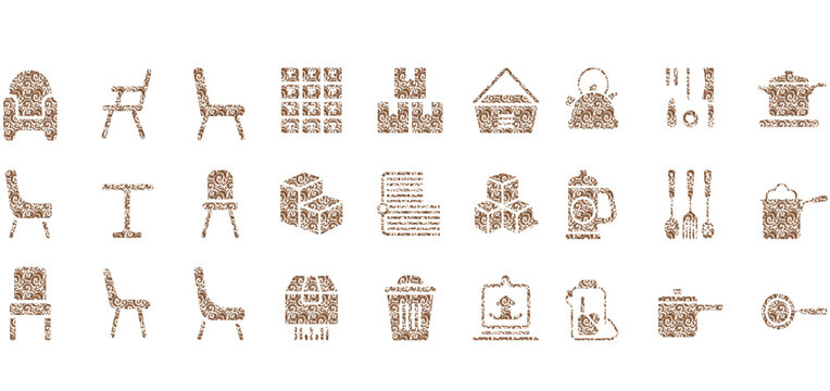 Set of various furniture items and interior design elements in line art with furniture interior decoration furnishing planning
