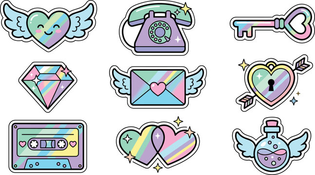 Cute Pastel Holographic Valentines Day Sticker Vector Set with Winged Heart Retro Telephone Cassette Tape Love Letter and Diamond Elements
