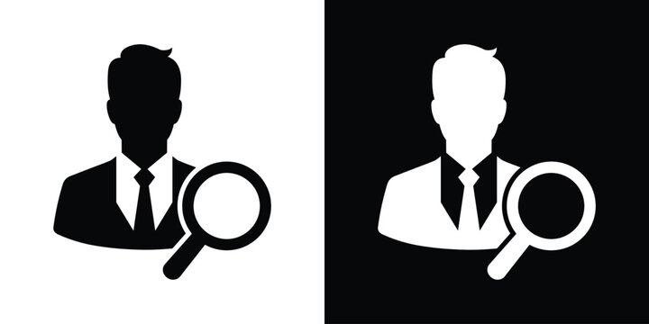 Businessman profile icon with a magnifying glass. Minimalist black and white human resource, job candidate search, recruitment, and professional user audit vector illustration.