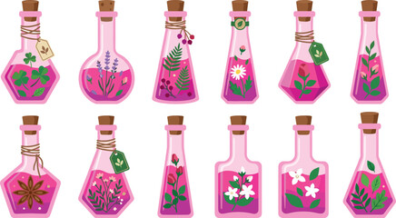Fototapeta premium Magic Floral Potion and Herbal Elixir Glass Bottle Vector Set with Pink Liquid Lavender Rose Clover and Daisy Elements for Fantasy Game UI