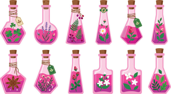 Magic Floral Potion and Herbal Elixir Glass Bottle Vector Set with Pink Liquid Lavender Rose Clover and Daisy Elements for Fantasy Game UI