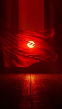 Generative AI depicts a vivid red sunset through flowing fabric curtains