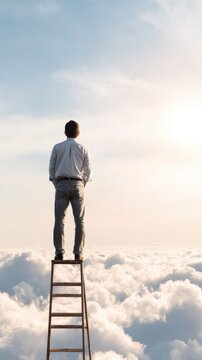 Man standing on a ladder above clouds reaching toward sunlight in a minimal sky environment, symbolizing achievement and aspiration