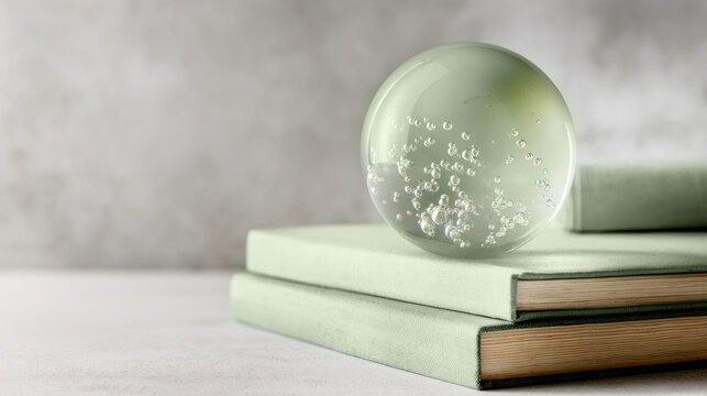 Translucent jade glass paperweight with air bubbles on muted sage hardcover books, soft natural light and shallow depth of field