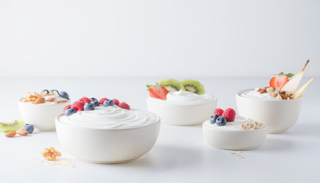 Healthy breakfast bowls with skyr topped with fresh fruits, nuts, and granola arranged on a white surface for a nutritious meal presentation