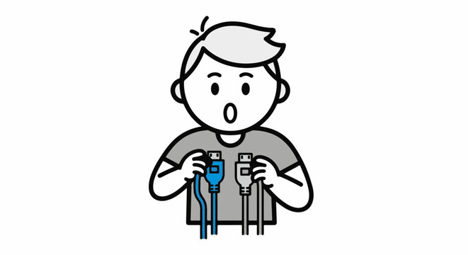 Surprised cartoon boy playing video games with controller.