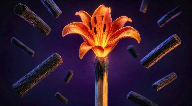 Surreal Glowing Orange Lily Flower Blooming from a Burnt Matchstick