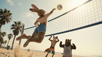 Naklejka premium Rabbit playing volleyball on beach with fox and bear. Fun animal sport activity for summer vacation concept. Fantasy friendship moment.