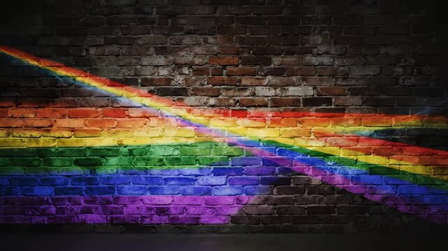 Rainbow light beams crossing on a brick wall background.