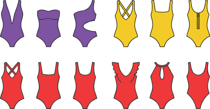 Women One Piece Swimsuit Vector Set with Various Necklines Straps and Cutout Designs in Purple Yellow and Red Colors for Summer Fashion Templates