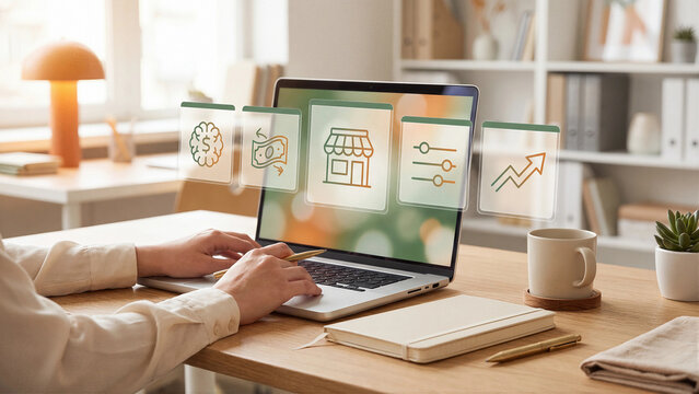 Using AI to Manage Small Business Finances Drive Growth and Optimize Cash Flow Laptop Concept Warm Glass Cards Icons Brain Dollar Cash Storefront Sliders Arrow Chart Natural Desk