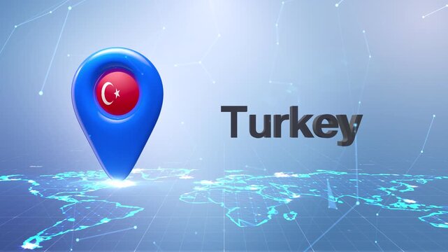 Turkey Flag Inside Location Pin On Digital World Map Animation