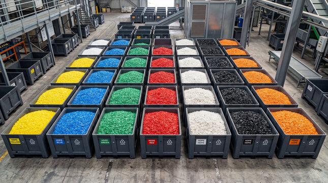 High Angle Shot Of Sorted High Density Polyethylene HDPE Recycling Containers Organized Neatly Indoors Facility
