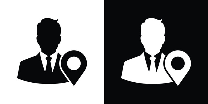 Corporate employee silhouette with a map pointer pin. Conceptual black and white vector icon for business tracking, user location tracking, office destination, and placement coordinates.