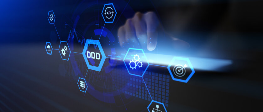 DDD Domain Driven Design Software Architecture and System Development Illustrated in a Digital Technology Interface.