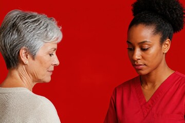 Fototapeta premium Older woman and young nurse facing each other on a red background in a thoughtful healthcare conversation